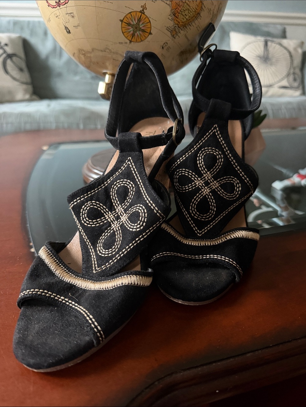 Restricted Black Heeled Sandals with Cream Embroidered Panels